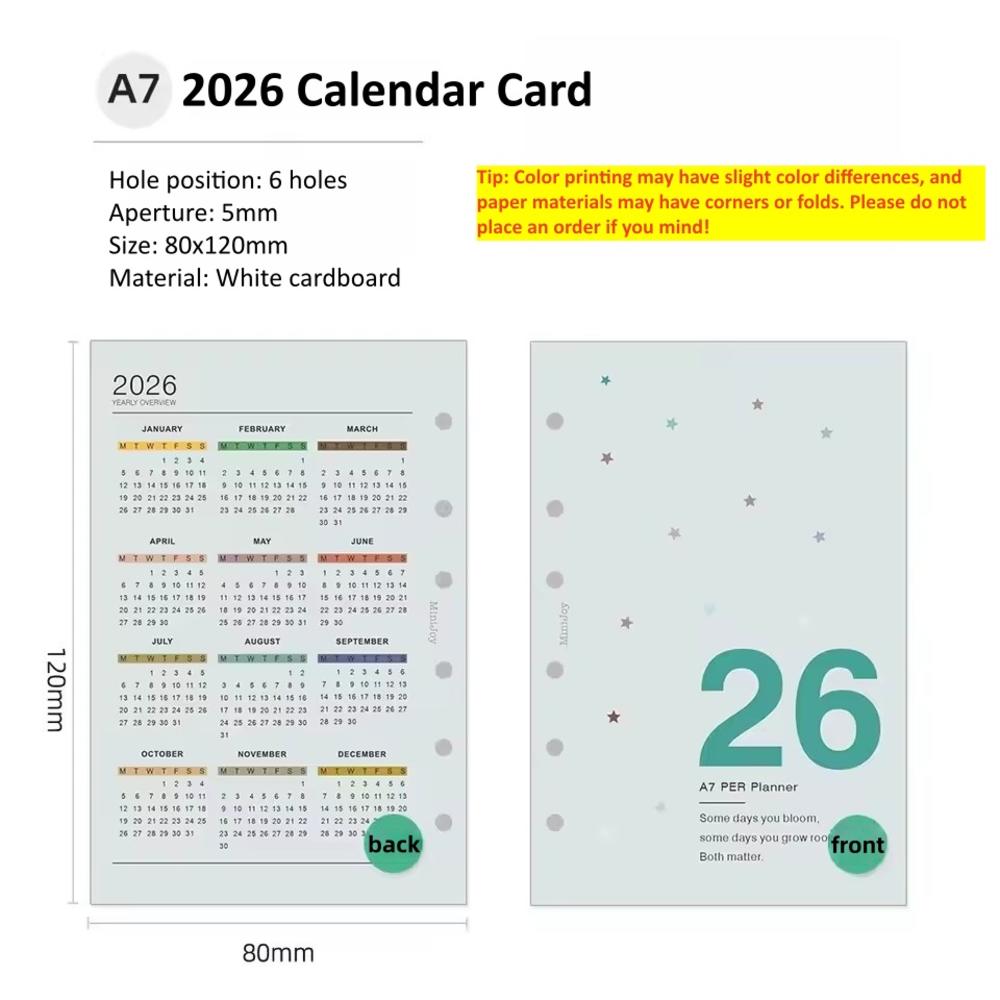 Calendario 2026 A6 A7 A8 M5 Anual Mensual Planificador de Calendario Páginas Interiores Hojas Sueltas Núcleo de Repuesto Recambios Papel Manual de Bricolaje