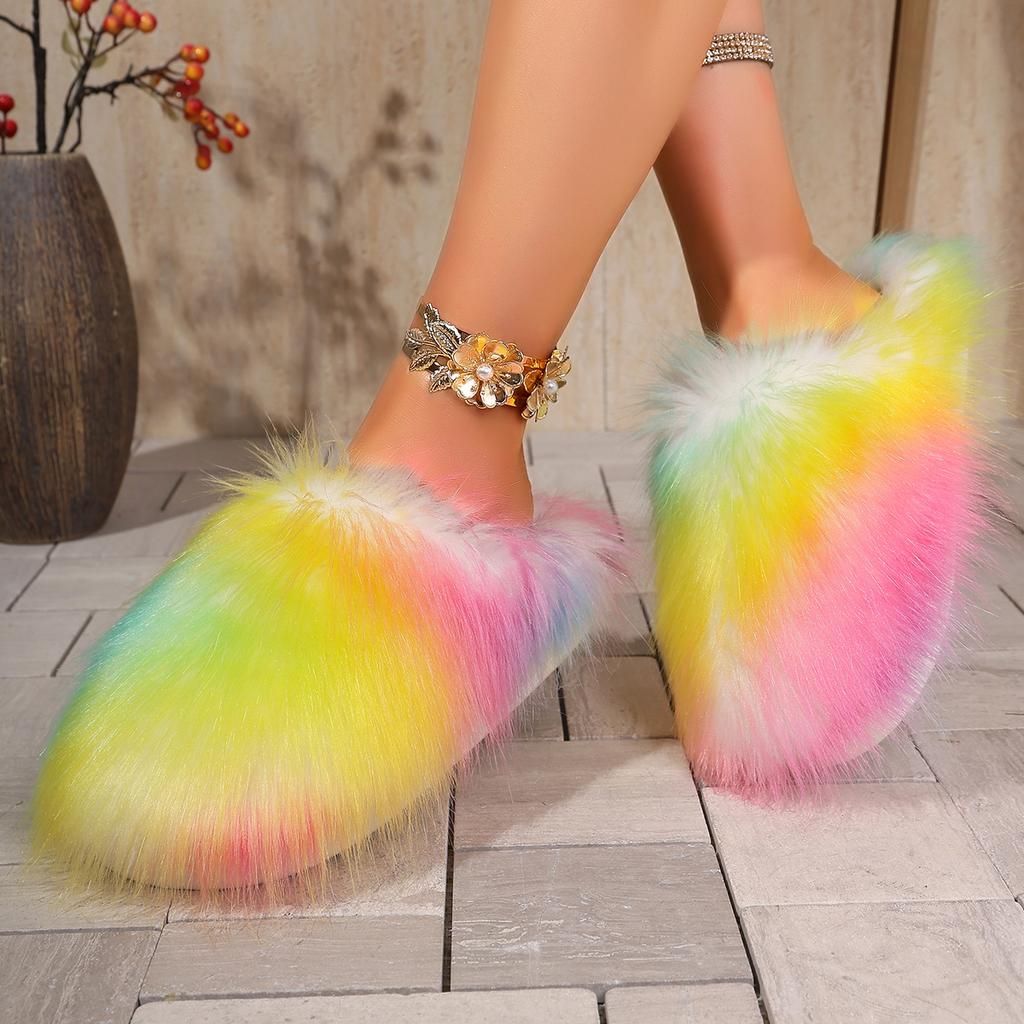 Fashion Women Flat Half Slippers Lightweight Slides Women Luxury Fur Slippers Women Round Toe Raccoon Fur Slides Woman Comfortable Shoes