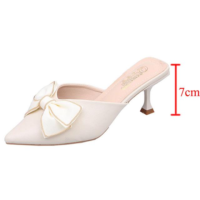 Süße Schleife High Heels Pantoletten Hausschuhe Damen Spitzschuh Pfennigabsatz Partyschuhe Frau Sommer Mode PU Leder Slides