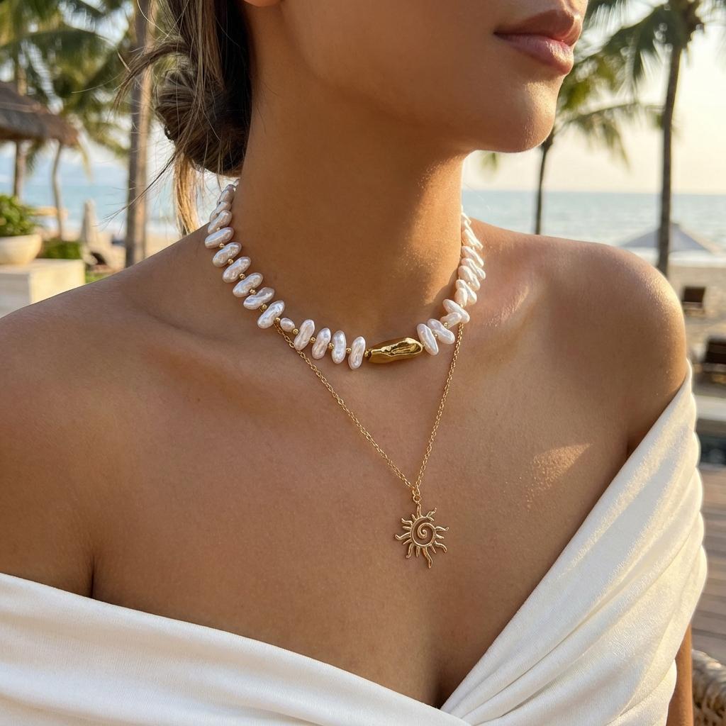 Vintage Dubbla Lager Sol Stjärna Hänge Halsband för Kvinnor Barock Imitation Pärla Lager på Lager Choker Boho Fest Vänskaps Smycken