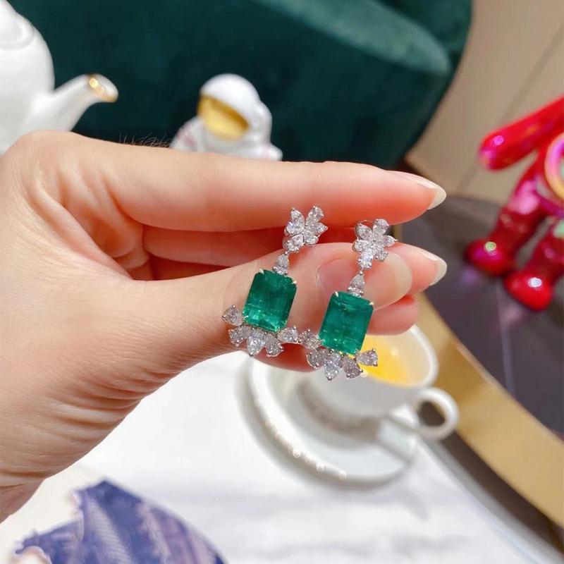 Elegant Retro Emerald & Zircon Square Stud Earrings for Women - Light Luxury Colored Gemstone with Cotton Fluff