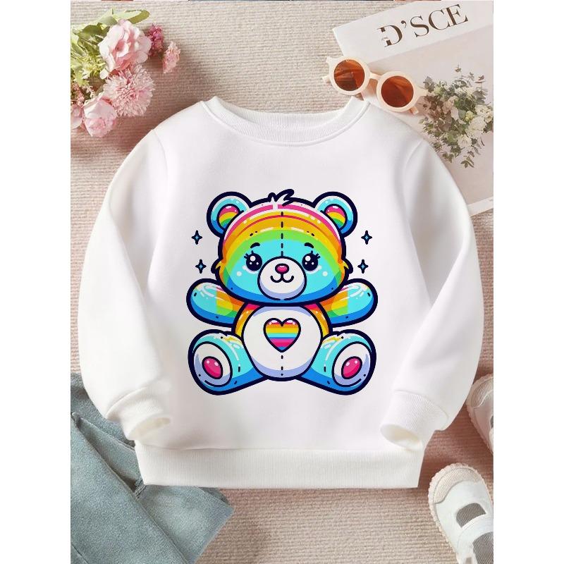 European Sizes Kids Rainbow Bear: A Colorful and Cute Illustration Print Long Sleeve Crewneck Sweatshirt - Soft Casual Pullover Top