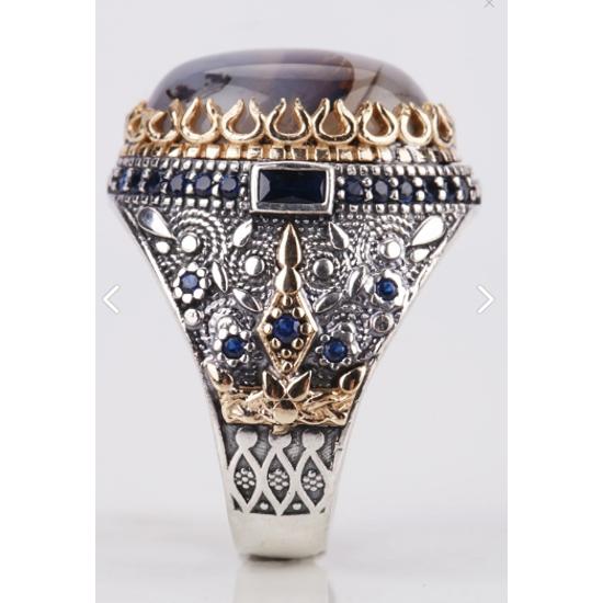 

Мужское кольцо из стерлингового серебра 925 пробы с йеменским агатом и сапфиром Micro