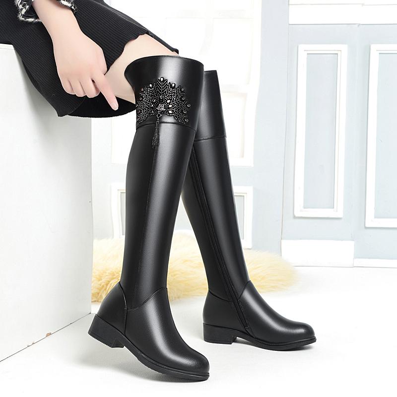 Mode Winter Oberschenkelhohe Stiefel Damen Echtes Leder Naturwolle Damen Lange Stiefel Hohe Absätze Große Größe Damen Overknee-Stiefel
