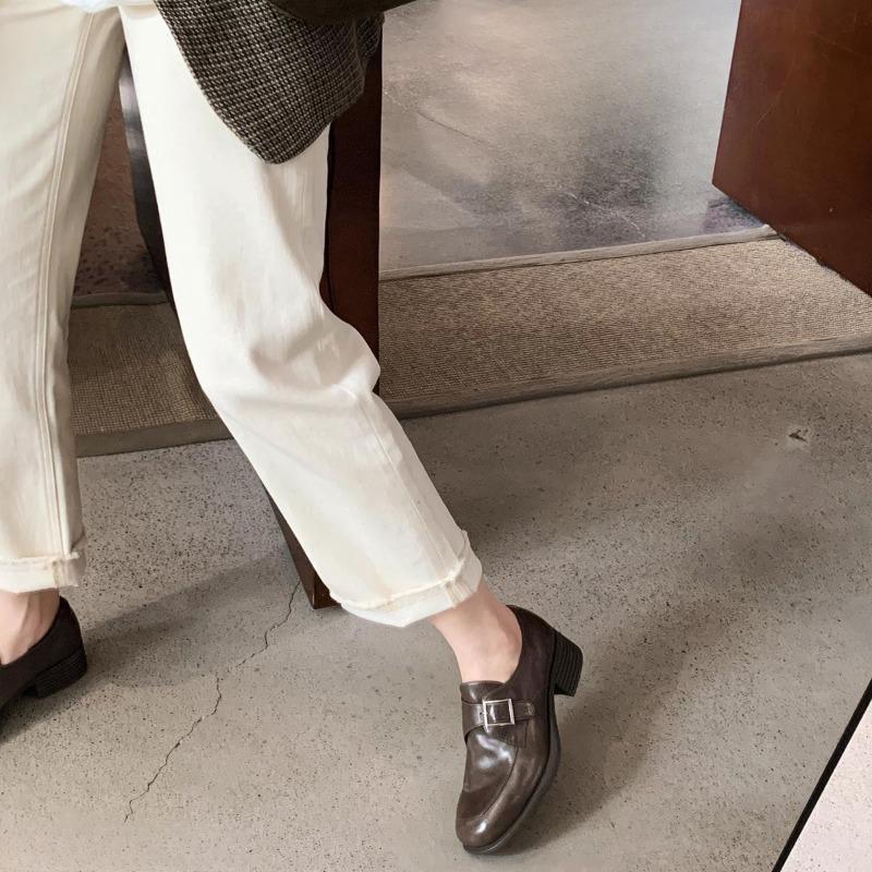 Anti-slip Shoes, Round-toed Buckle Buckle Single Shoes, Chunky-heeled Leather Shoes