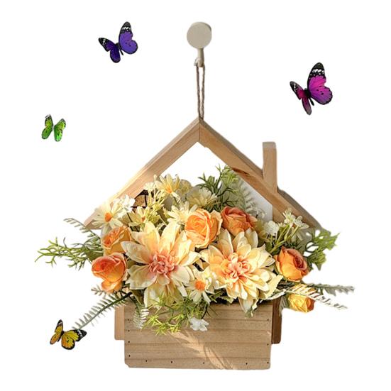 Wood Wall Planter with Artificial Plants, LED Lighted Rustic Farmhouse Wall Decor, Hanging Fake Plants Flowers Holder Vase for Bedroom Living Room