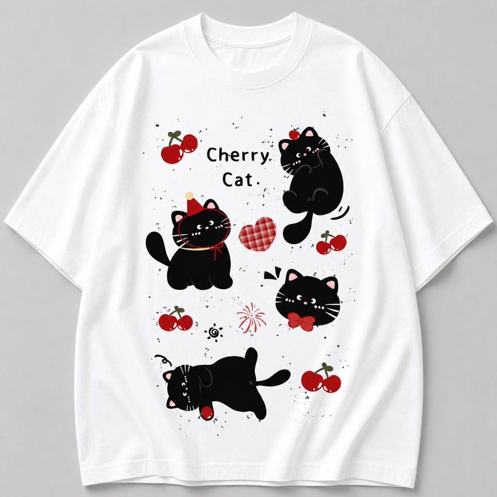 Cherry Cat Kawaii T-Shirt – Black Cat Anime Graphic Tee – Oversized Cotton Shirt S