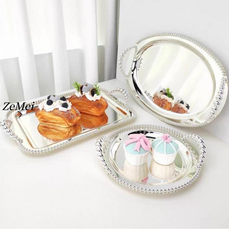 European Style Circle Shape Fruit Plate,31 cm Pearl Dot Silver Metal Cake Plate,Handheld Home Food Tray, Snack Disc Decoration