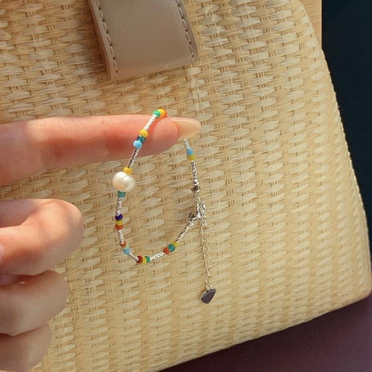 iF ME Colorful Bead Broken Silver Chain Bracelet for Women Artificial Pearls  Smiling Face Bracelets Jewelry Accessories