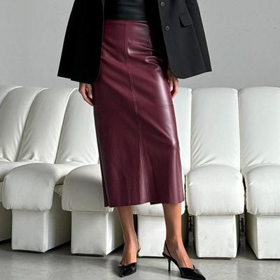 2024 Winter Women's High-Waisted PU Leather Bodycon Midi Skirt with Slit