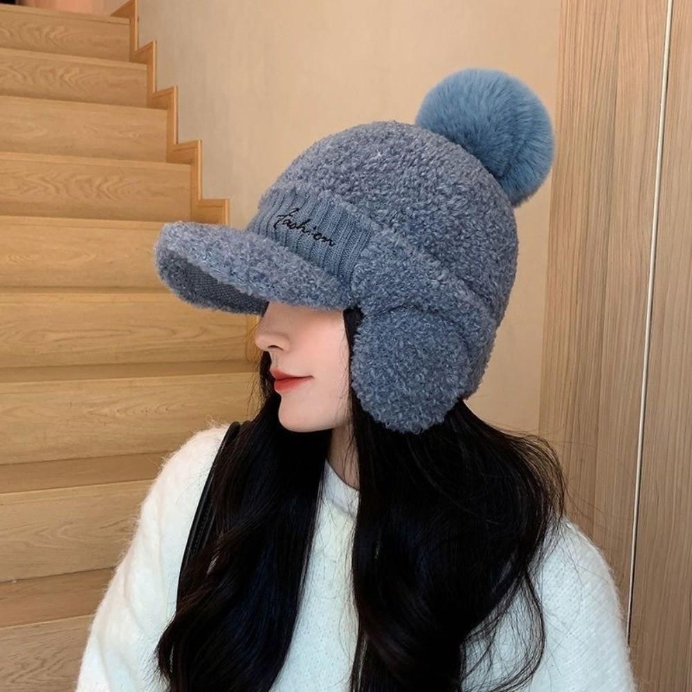 Solid Color Warm Earmuffs Cap Windproof Pompom Plush Beanie Fashion Ear Flap Protection Hat  Women