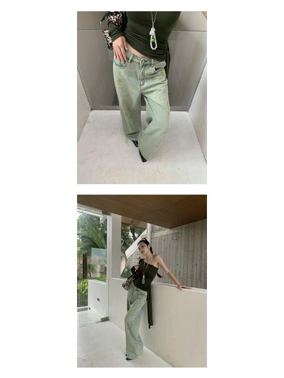 Retro Distressed Mud Yellow Wide Leg Jeans for Women - 2025 Autumn Collection