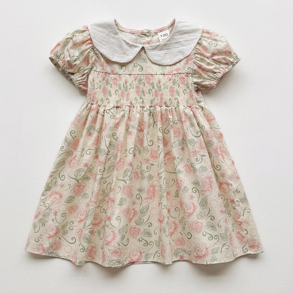Handmade Floral Smocked Girl's Dress with Peter Pan Collar - Summer 2025 French Korean Style