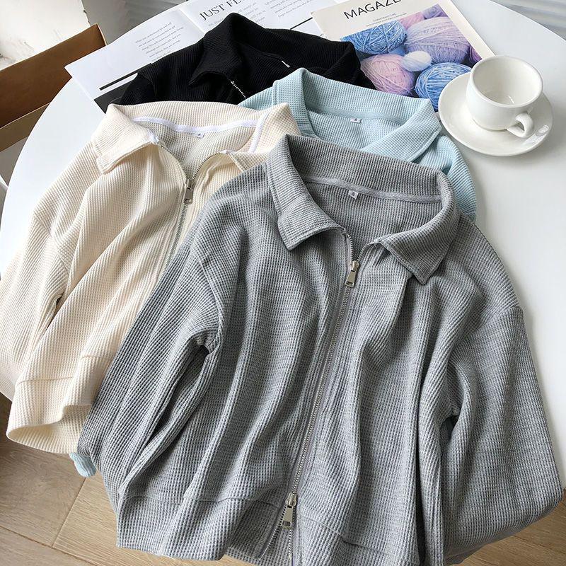 Women's Autumn Cotton Waffle Jacket, Korean Style, Loose Design, Double Zipper Cardigan