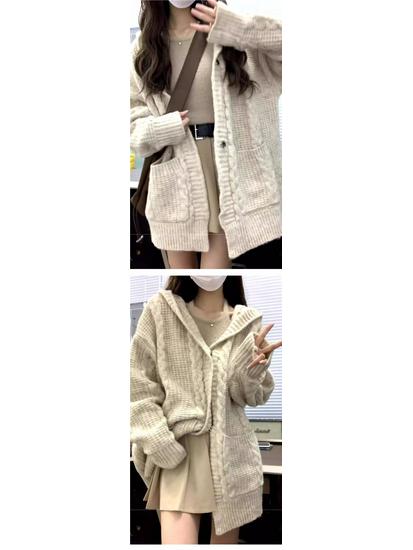 Dámský pletený kardigan s kapucí a silnou copánkovou vazbou - Podzimní/zimní styl