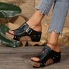 Wedge heel foot cool slippers women's summer new European and American large size fish mouth square buckle rivet slippers
