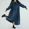 Women's Peter Pan Collar Long Sleeve Maxi Dress Loose Fit Elastic Waist Vintage Solid Corduroy Shirt Dress With Button Front