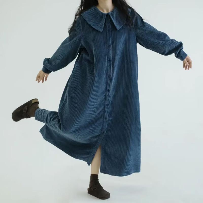Women's Peter Pan Collar Long Sleeve Maxi Dress Loose Fit Elastic Waist Vintage Solid Corduroy Shirt Dress With Button Front