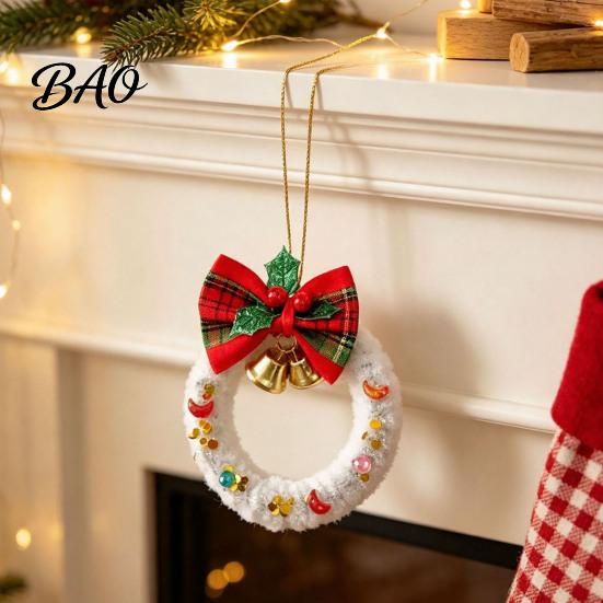 Small Fabric Decorations for Home Mini Christmas Wreath Ornament, Hanging Decoration with Plaid Bow And Atmosphere Metal Bells, Handmade Plush