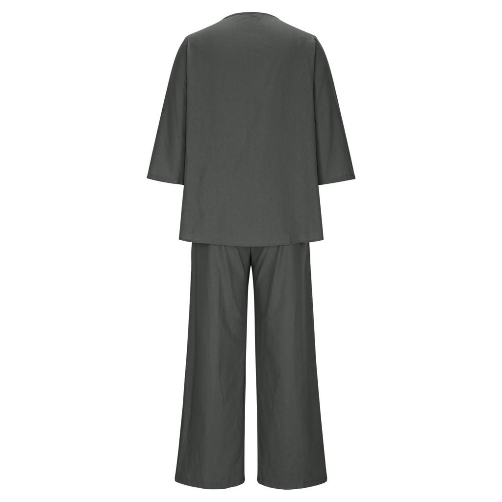 Women's Casual Cotton And Linen Set With Three Quarter Sleeves, Top And Wide Leg Pants, Two-piece Set