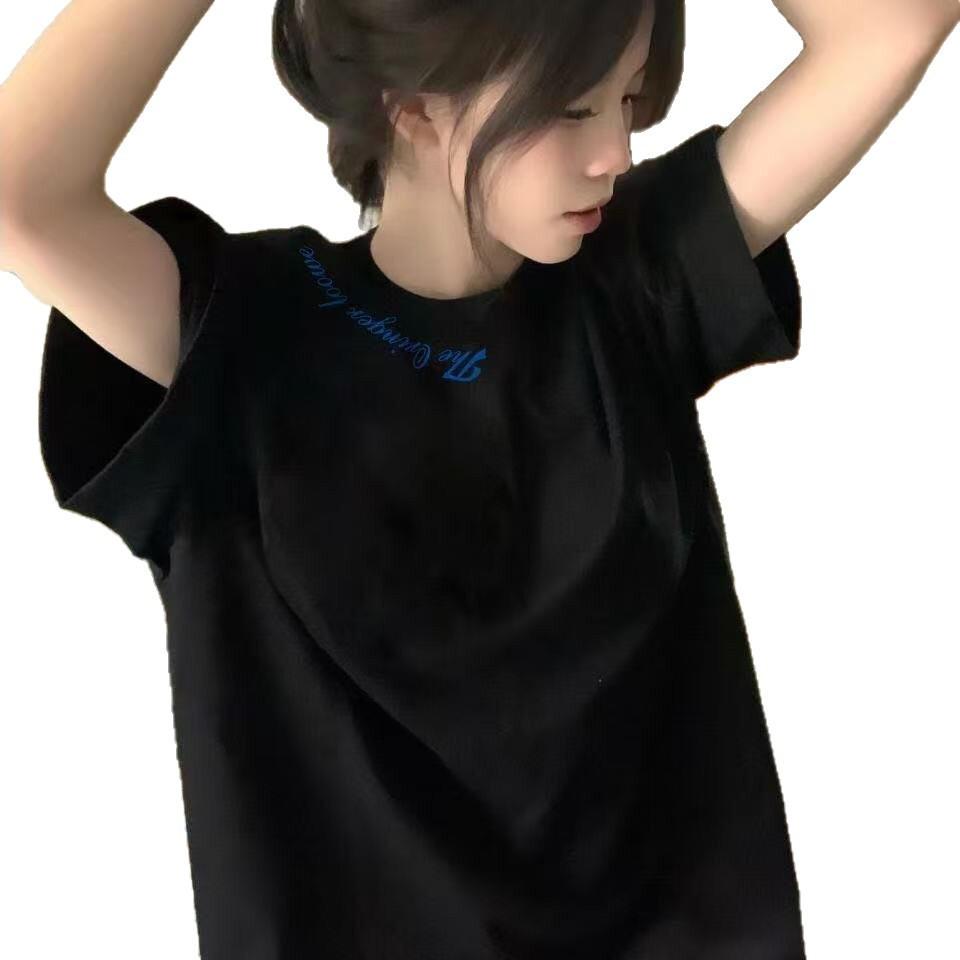 Cotton T-shirt American trendy letter print pure cotton short-sleeve T-shirt for women, summer lazy style loose short-sleeve