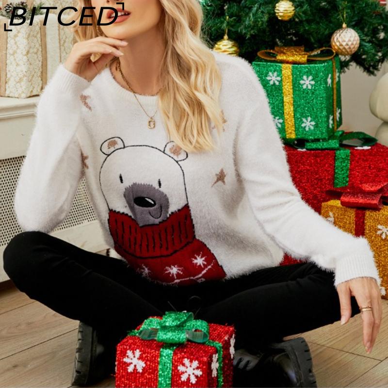BITCED Top Tricotado Natal Desenho Animado Jacquard Tricô Suéter Urso Bordado Jumper de Natal