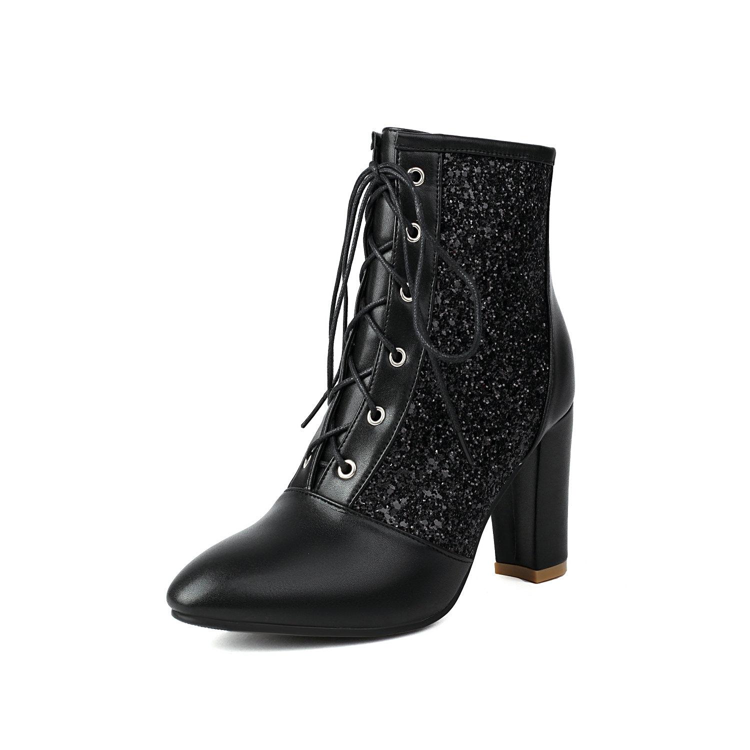 

Gold Silver Women s Ankle Bling Boots Chunky High Heels Shoes Grainy Sequin Lace Up Patchwork Footwear 34 чёрный