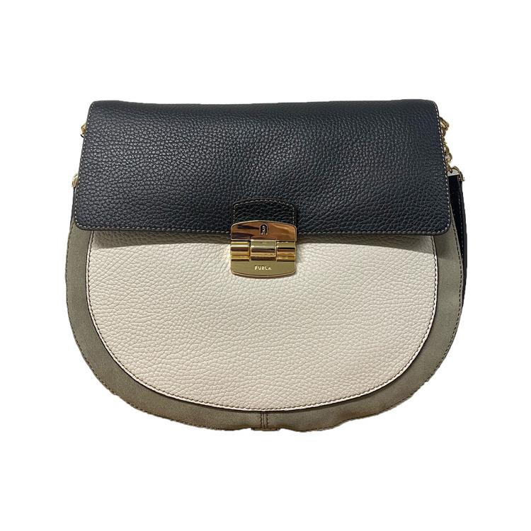 New Furla Club 2 Leather Saddle Bag, Crossbody Bag, Shoulder Bag Small Women's Black & Beige WB00526-BX0666-1049S