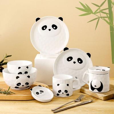 Japanese Embossed Panda Tableware Set Cute Cartoon Animal Bowls Plates Cups and Saucers for One Person To Eat Breakfast Plates