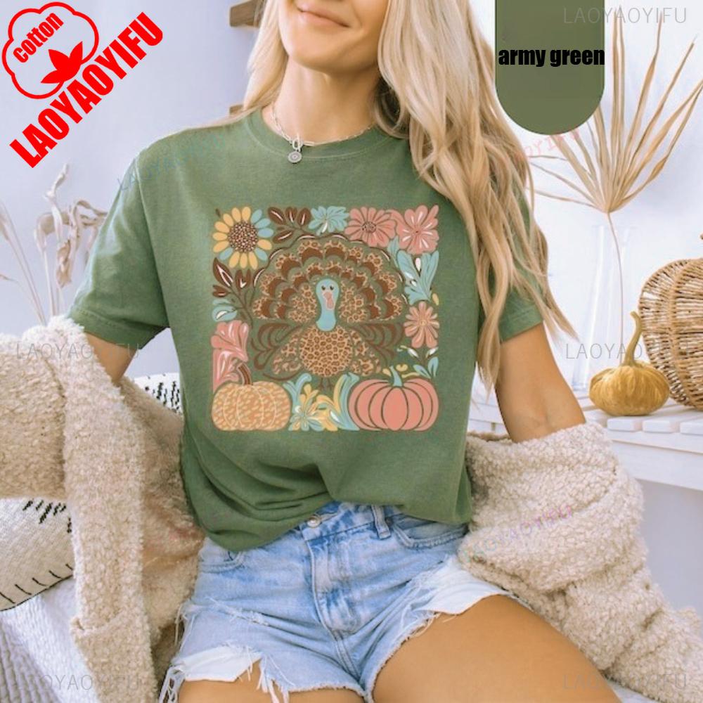 Floral Turkey TShirt Thanksgiving Boho Tee Creative Design Art Aesthetics Shirt Thanksgiving Turkey Tops Women Casual Cotton T