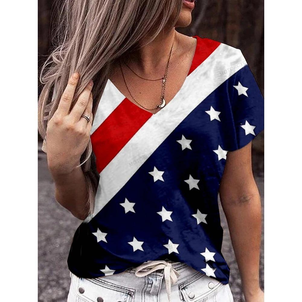 American Flag 3d Print T-shirt Women Fashion V-Neck T-shirts Short Sleeve Tops Tees Loose Casual Tees