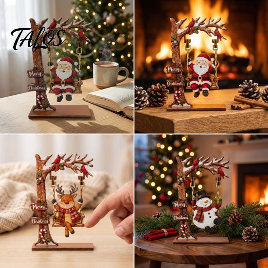 Xmas Gift for Family Christmas Wooden Ornaments, Santa Snowman Figurine with Moving Festive Fireplace Ornaments Swing, Rustic Holiday Tabletop