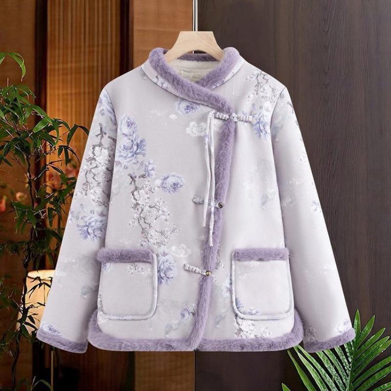 Padded jacket winter velvet thickened mother outfit retro new buckle jacket padded jacket padded jacket Chinese warm woman