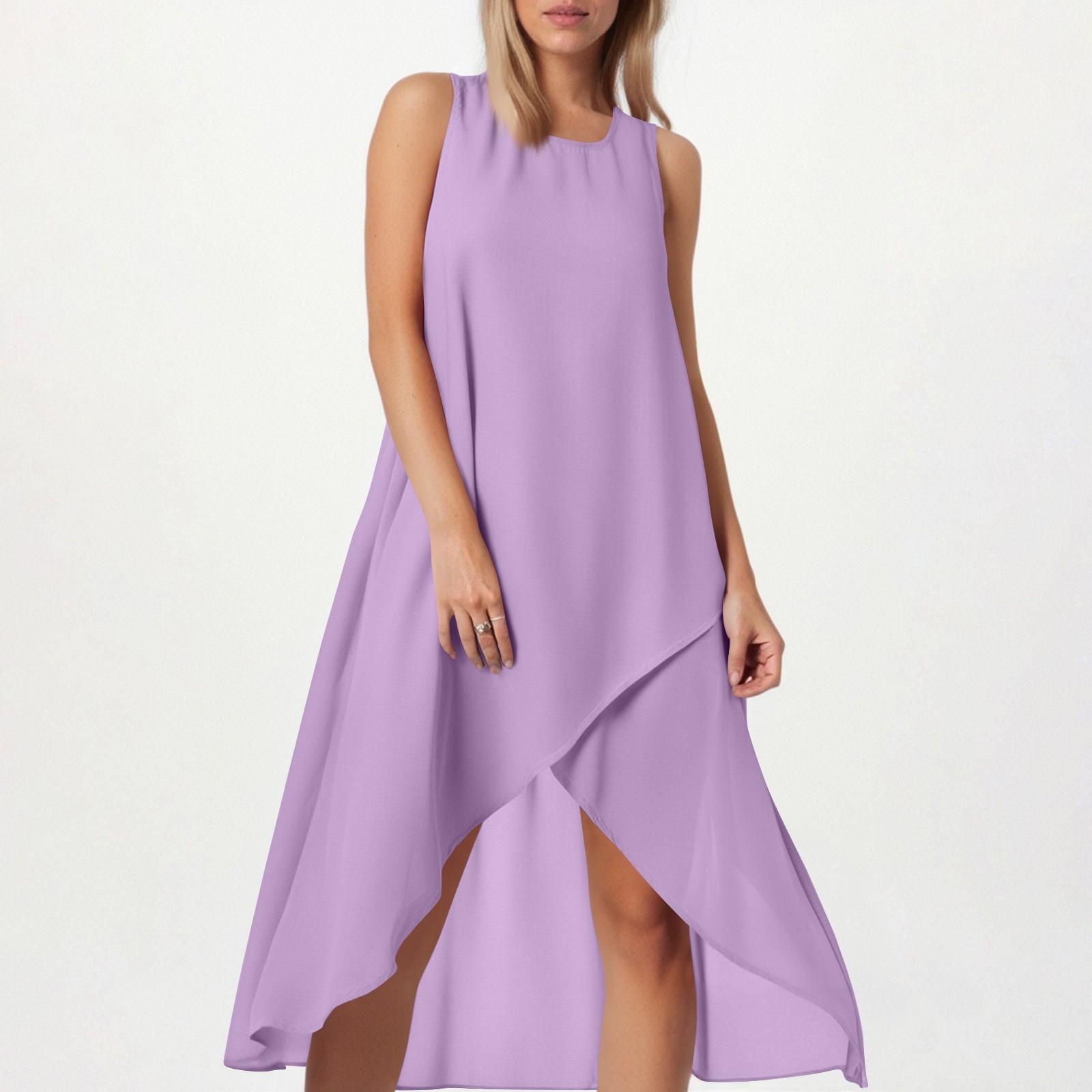 

Женское свободное повседневное модное платье с квадратным круглым вырезом, однотонное, пляжная юбка с разрезом сбоку, без рукавов, юбка из хлопка и льна XXL фиолетовый