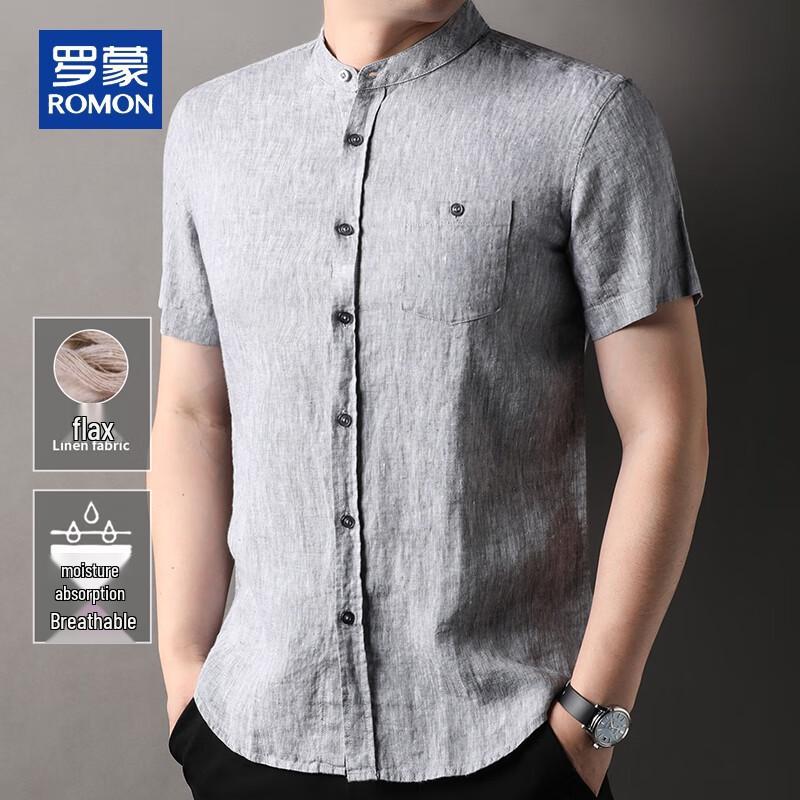 ROMON Men s Summer Linen Blend Stand Collar Short-Sleeve Shirt 3XL