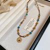 Natural Stone Sunflower Beaded Necklace with Titanium Steel Chain - Chinese Retro Light Luxury for Women