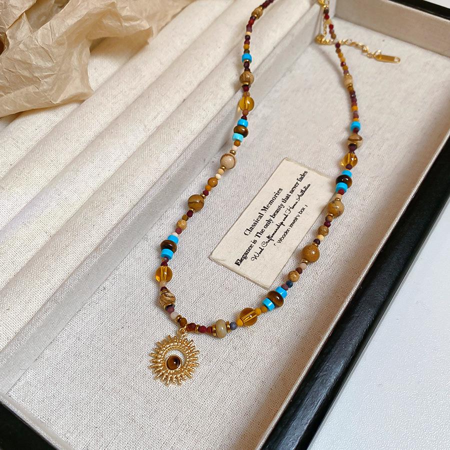 Natural Stone Sunflower Beaded Necklace with Titanium Steel Chain - Chinese Retro Light Luxury for Women