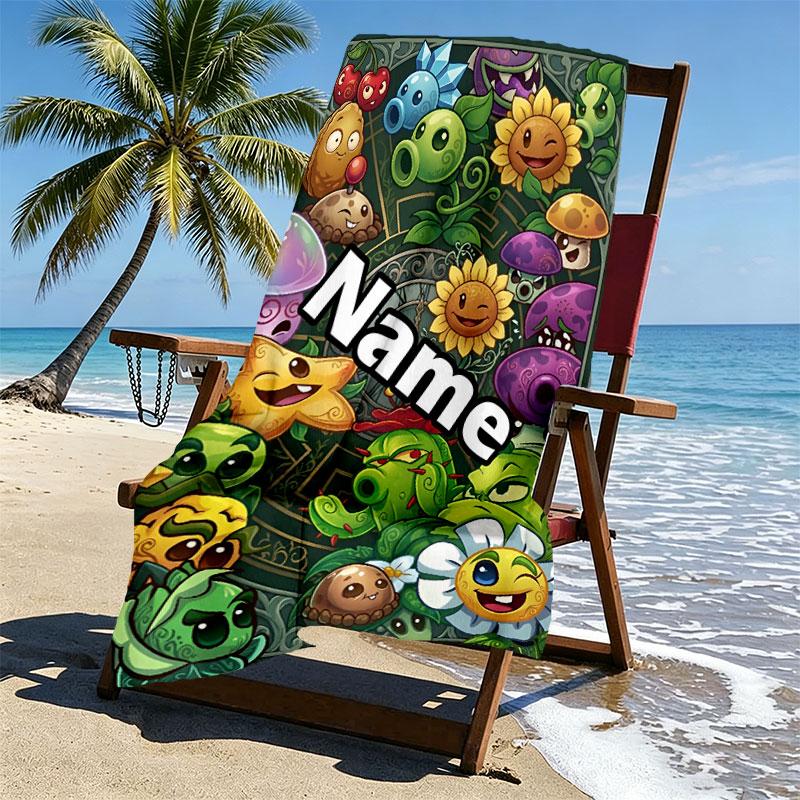 Custom Name Personalized Plants vs. Zombies Print Beach Towel, for Trip Camping Beach Party Home Decor, Birthday Gift for Family & Friends