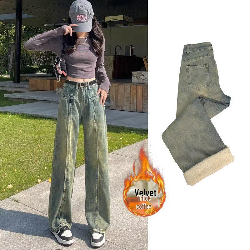 

Женские джинсы с высокой посадкой, на флисовой подкладке, с широкими штанинами - Осенне-зимние, стройнящие, прямые, модные брюки 2XL