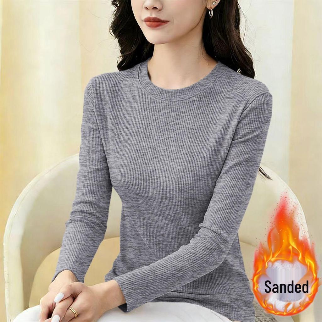2026 Women's Fleece-Lined Slim Fit T-Shirt: Simple Round Neck Base Layer for Spring, Autumn, Winter