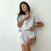 Women's Fashionable Autumn Striped Knit Pajama Set: Loose Short-Sleeve Top & Shorts