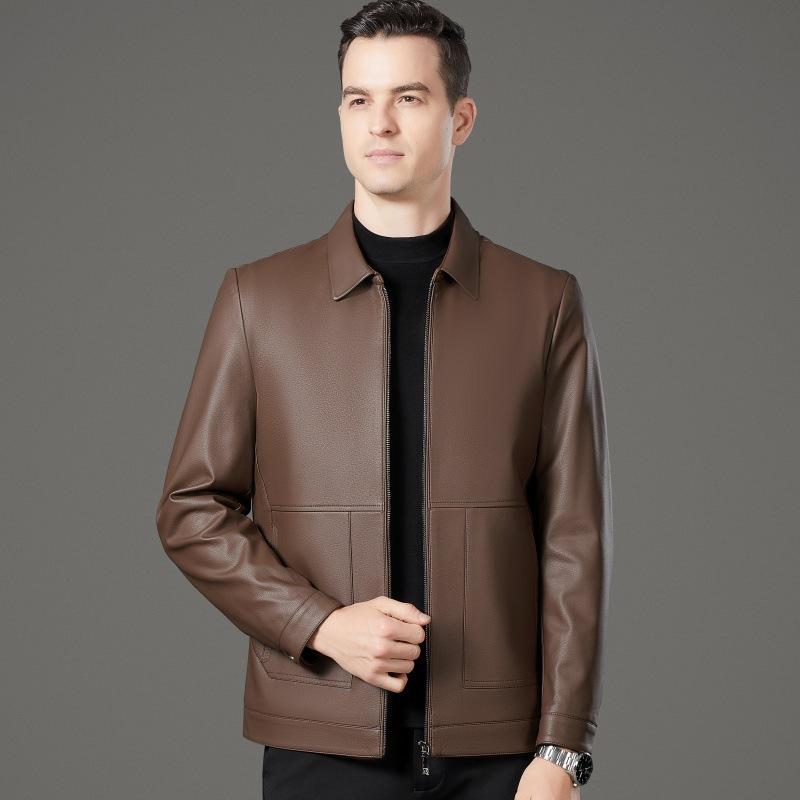 Soft Leather Jacket for Men In Autumn and Winter Plus Velvet Lapel Leather Jacket for Men Middle-aged and Elderly Dad Sheepskin Jacket