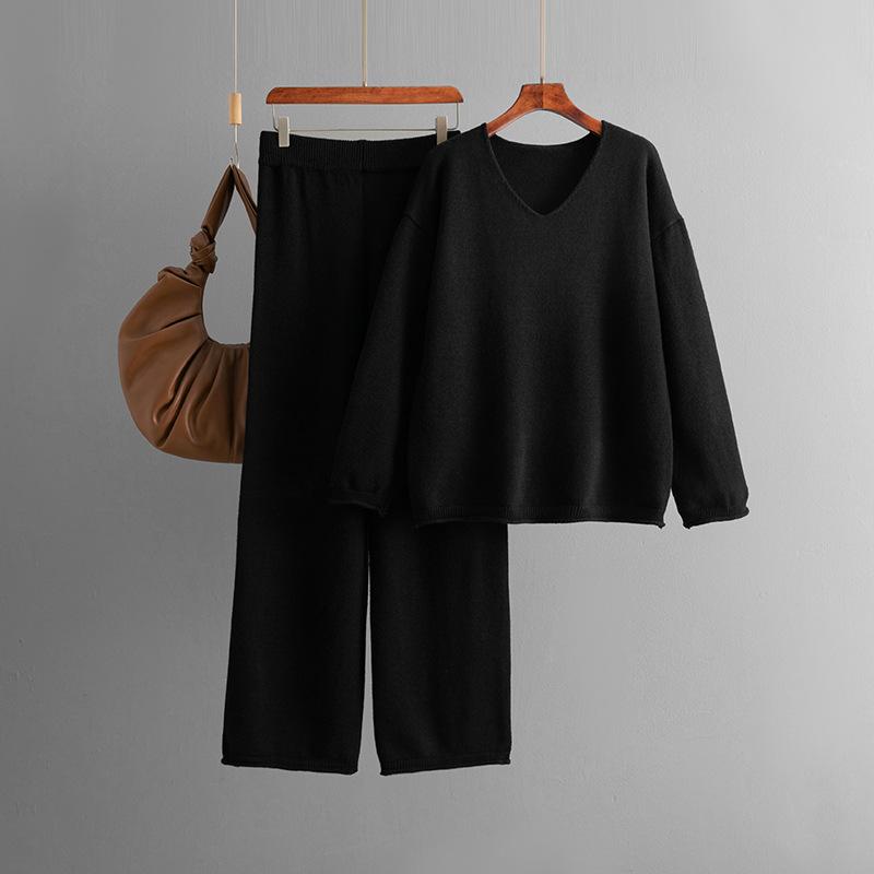 Solid color collar fashion set, new autumn and winter loose high-waisted casual sweater two-piece set