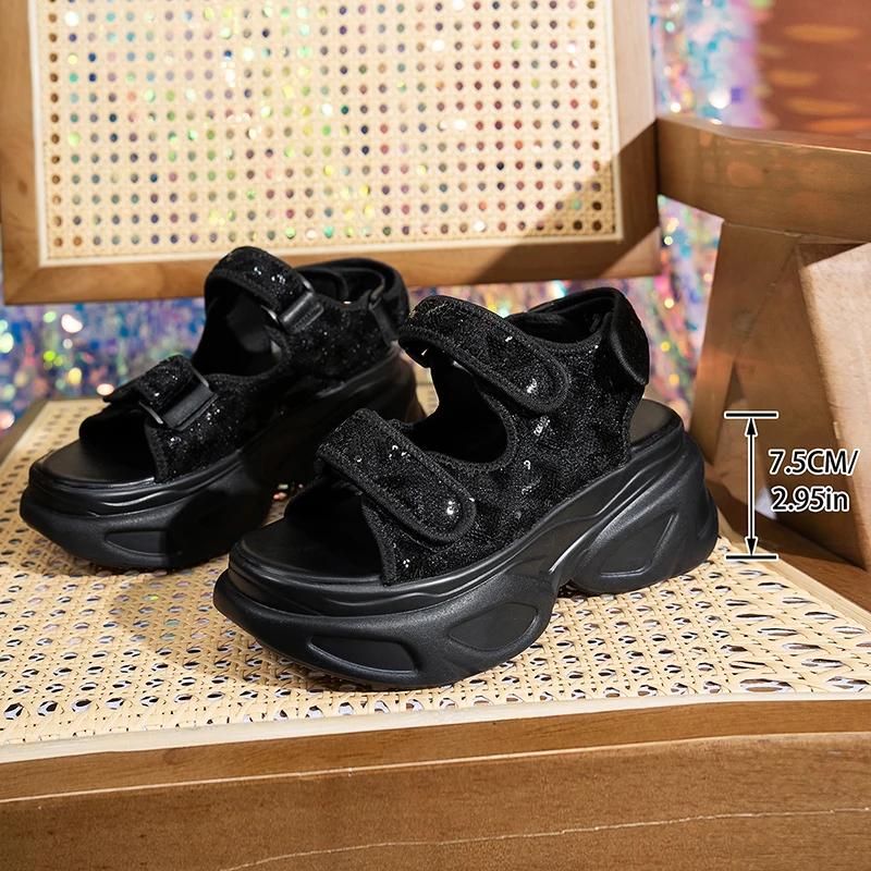 Fashion Fashion Sequins Black Chunky Sandals Women 2025 Comfort Non Slip Platform Snadles Woman Summer Plus Size Wedge Sandalias Mujer