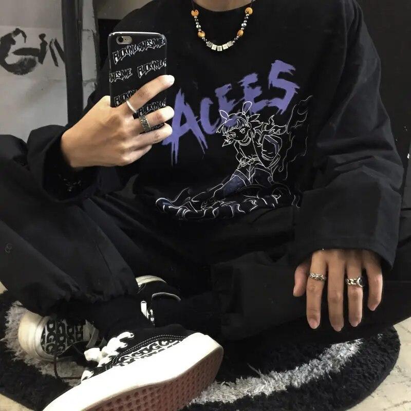 Harajuku Casual Frauen T-shirts Schwarz Gothic Cartoon Vintage Print Street Baggy Lose Hip Hop Paar Langarm T Shirts Frauen