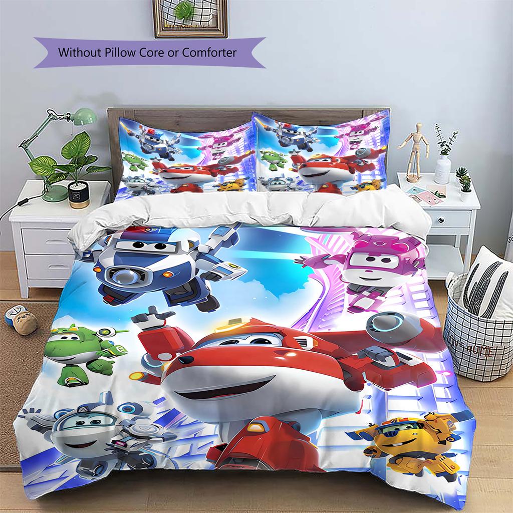 Super Wings Vzor Povlečení Sada Prošívaných Dek Quilt Cover Povlak na Polštář Domácí Dekorace Dárek (1 * povlak na peřinu + 2 * povlak na polštář, bez jádra)