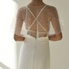 Pearl Beaded Sheer Tulle Cape Shrug, Round Neck Front Pearl Clasp Short Flare Sleeve Mesh Cover Up for Strapless Wedding Bridal Evening Gown