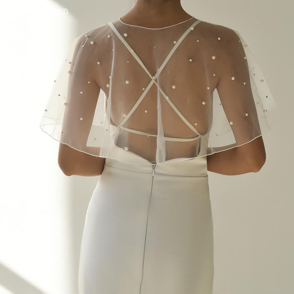Pearl Beaded Sheer Tulle Cape Shrug, Round Neck Front Pearl Clasp Short Flare Sleeve Mesh Cover Up for Strapless Wedding Bridal Evening Gown