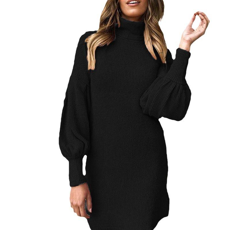 Podzimní a zimní dámské šaty s vysokým krkem, rozšířenými rukávy a bokovým střihem