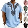 Men’s Lightweight V Neck Short Sleeve Loose Fit Shirt with Linen Texture and Pattern for Casual Comfort Wear